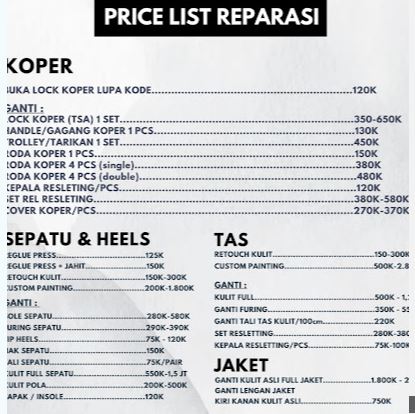 Price List Reparasi Koperku
